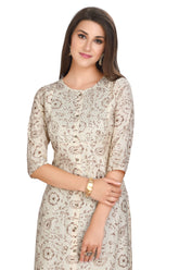 Cream Silk Kurti for Women: Straight Cut with Batik Print & Sequin Embroidery